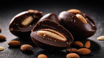 A close-up of chocolate-covered almonds on a dark surface, highlighting their texture and detail. photo