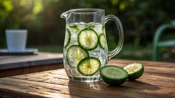 A pitcher of refreshing cucumber water sits on a wooden table in a serene outdoor setting. photo