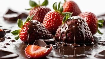 Fresh strawberries drizzled with rich chocolate on a dark surface, evoking indulgence. photo