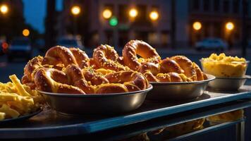A nighttime display of soft pretzels and macaroni and cheese on a food cart. photo