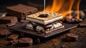 A delicious s'more with melted chocolate and toasted marshmallow, set against a warm backdrop. photo