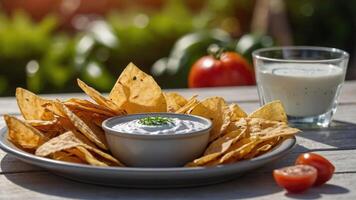 A plate of crispy tortilla chips served with a creamy dip and cherry tomatoes. photo