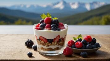 A layered yogurt parfait with berries and granola, set against a scenic mountain backdrop. photo