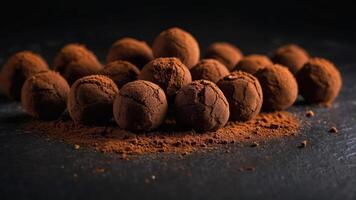 A close-up of chocolate truffles dusted with cocoa powder on a dark surface. photo