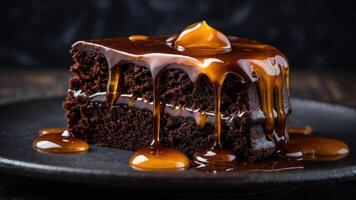 A decadent chocolate cake slice drizzled with caramel sauce on a dark plate. photo