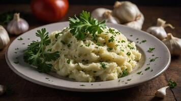 Creamy mashed potatoes garnished with parsley and surrounded by garlic and a tomato. photo