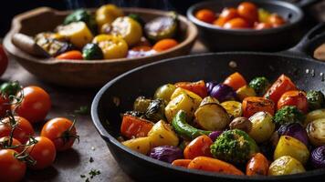 A colorful assortment of roasted vegetables in a skillet, showcasing healthy cooking. photo