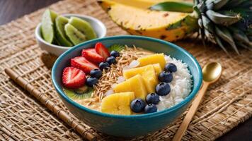 A vibrant bowl of tropical fruit and rice, showcasing a healthy breakfast option. photo