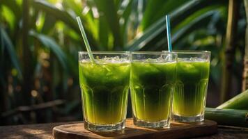 Three refreshing green drinks with straws, set against a lush background of plants. photo