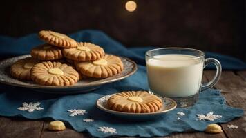 A cozy scene with cookies and milk on a blue cloth, perfect for a snack or dessert. photo