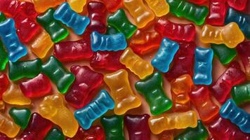 A colorful assortment of gummy candies in various shapes and colors. photo