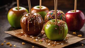 A colorful assortment of caramel apples topped with sprinkles on a rustic surface. photo
