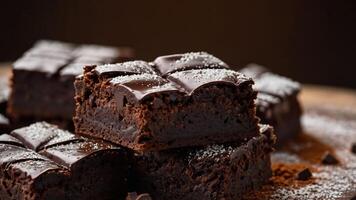 Delicious chocolate brownies topped with a glossy layer and dusted with powdered sugar. photo