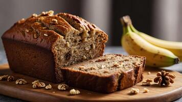 A freshly baked loaf of banana bread, sliced and served on a wooden board with bananas. photo