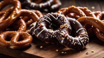 A tempting assortment of pretzels, some coated in chocolate and sprinkled with toppings. photo
