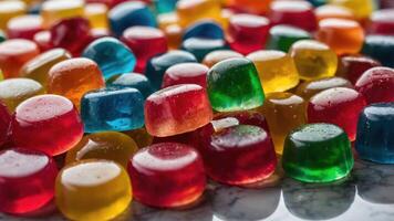 A colorful assortment of gummy candies displayed on a surface. photo