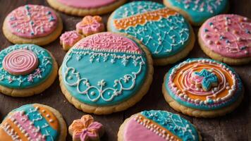 A colorful assortment of decorated cookies with intricate icing designs. photo