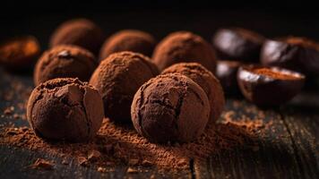 A close-up of chocolate truffles dusted with cocoa powder on a dark wooden surface. photo