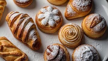 A variety of pastries dusted with powdered sugar, arranged on a plate. photo
