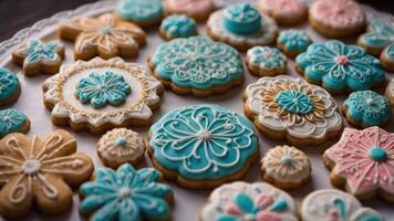 A colorful assortment of beautifully decorated floral cookies arranged on a platter. photo