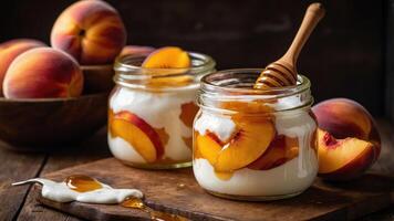 Fresh peaches in jars with yogurt and honey, creating a delicious dessert. photo