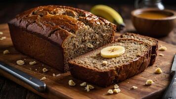 A freshly baked banana bread loaf sliced on a wooden board, garnished with banana slices. photo