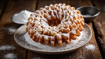 A delicious funnel cake dusted with powdered sugar on a rustic wooden table. photo