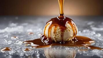 A scoop of ice cream with caramel sauce dripping over it, creating a tempting dessert scene. photo
