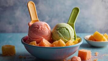 A colorful bowl of ice cream scoops with cubes of fruit, evoking a refreshing treat. photo