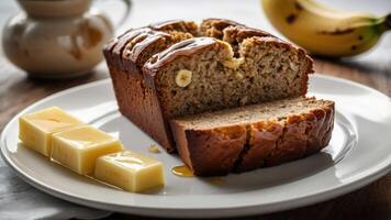 A slice of banana bread drizzled with honey, served with butter on a plate. photo