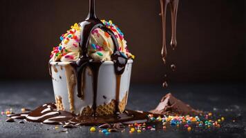 A delicious ice cream sundae topped with chocolate sauce and colorful sprinkles. photo