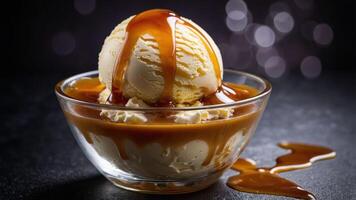 A bowl of vanilla ice cream drizzled with caramel sauce, creating an indulgent dessert. photo