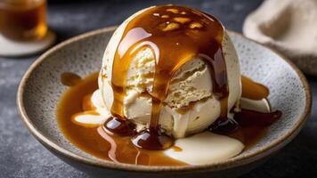 A scoop of vanilla ice cream topped with caramel sauce on a decorative plate. photo