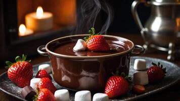 A warm chocolate fondue pot surrounded by strawberries and marshmallows, inviting for sharing. photo