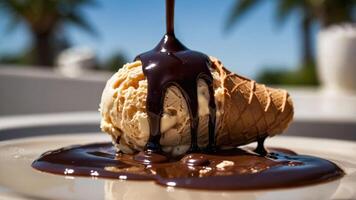 A delicious ice cream cone drizzled with chocolate sauce on a plate in a sunny setting. photo