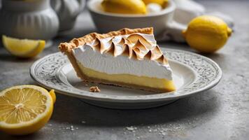 A slice of lemon meringue pie on a decorative plate with fresh lemons. photo