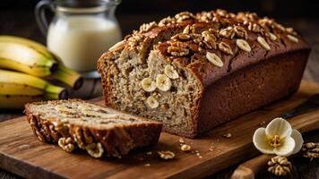 A sliced loaf of banana bread topped with nuts, accompanied by bananas and a jar of cream. photo