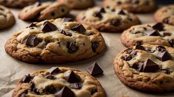 Freshly baked chocolate chip cookies on parchment paper, showcasing their gooey texture and chunks. photo
