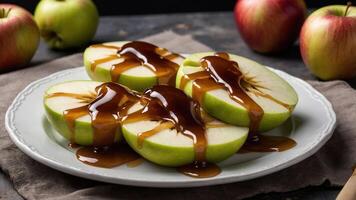 Sliced green apples drizzled with caramel sauce on a white plate. photo