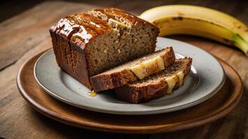 A loaf of banana bread with slices drizzled in syrup, accompanied by a banana. photo