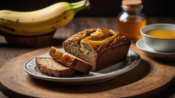 A slice of banana bread on a plate, accompanied by bananas and honey in the background. photo