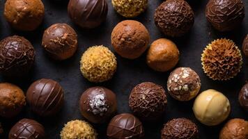 A variety of chocolate truffles displayed on a dark surface, showcasing different textures and flavors. photo