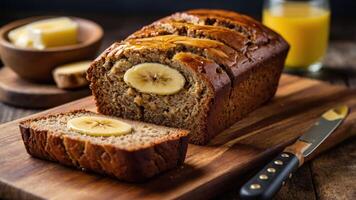 A sliced banana bread loaf with banana slices, butter, and a glass of juice. photo