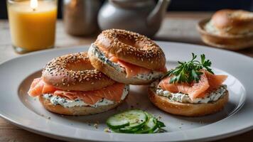 A plate of bagels topped with smoked salmon, cream cheese, and garnished with cucumber and herbs. photo