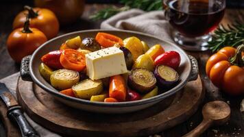 A colorful dish of roasted vegetables topped with butter, set in a cozy dining scene. photo