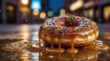 A donut with colorful sprinkles and caramel glaze sits on a wet surface, creating a tempting scene. photo