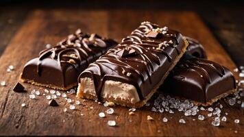 Three chocolate bars with a creamy filling, garnished with chocolate drizzle and toppings. photo