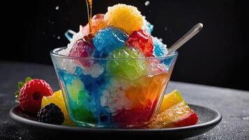 A colorful bowl of jello and shaved ice topped with syrup and fruits. photo