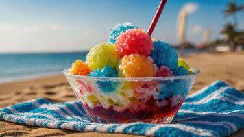 A colorful bowl of shaved ice on a beach, perfect for a refreshing treat. photo