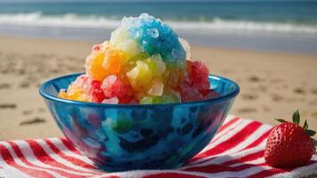 A colorful bowl of shaved ice on a beach, perfect for a refreshing summer treat. photo